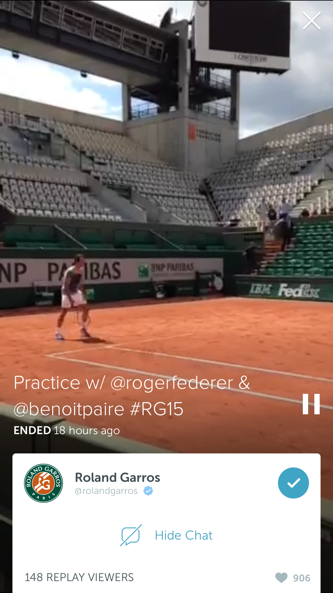 1. Rory McIlroy, “Untitled” 2. Ian Poulter’s “Trying periscope again. Sorry folks still new to this broadcast thing.” 3. Roland Garros’s “Practice w/ @rogerfederer & @benoitpaire #RG15”